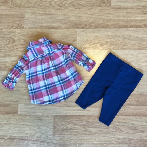 EUC Ralph Lauren Baby Girl Two Piece Set-Plaid Collared Shirt + Blue Leggings - Picture 2 of 5